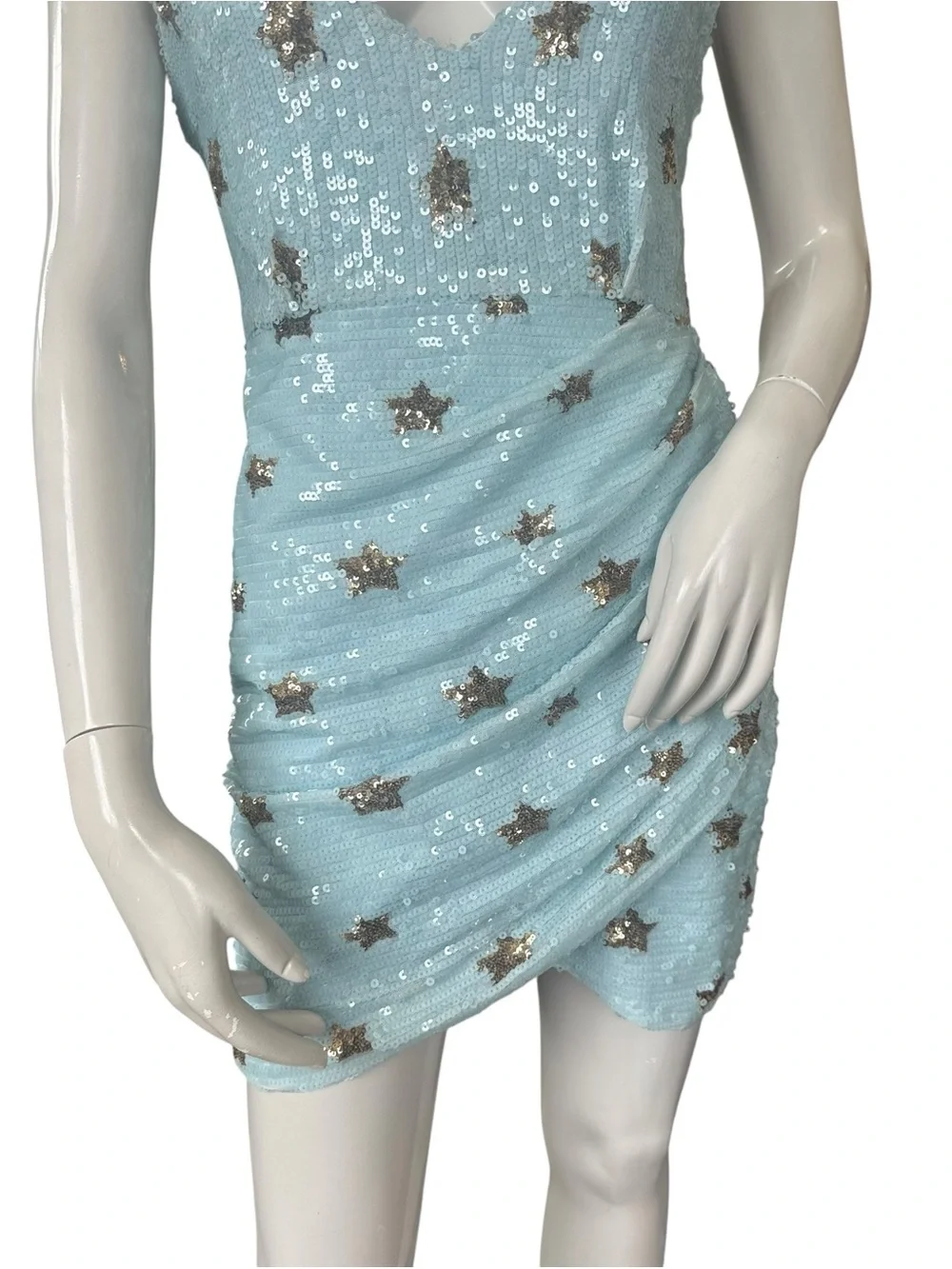 Superdown Dina Sky Blue Gold Star Print Sequin Ruched Front Mini Dress Sz Small